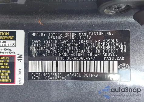 2011 Toyota Camry Le из США, поврежденный, VIN 4T1BF3EK6BU664247